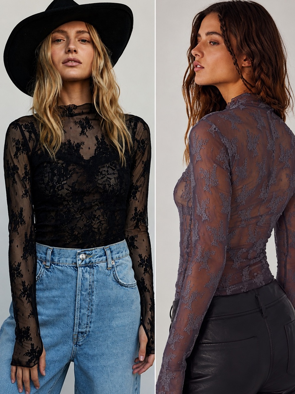 2 Piece Bundle Lace Mesh Mock Neck Layering Top Thumbholes Sheer Trendy Boho Y2K